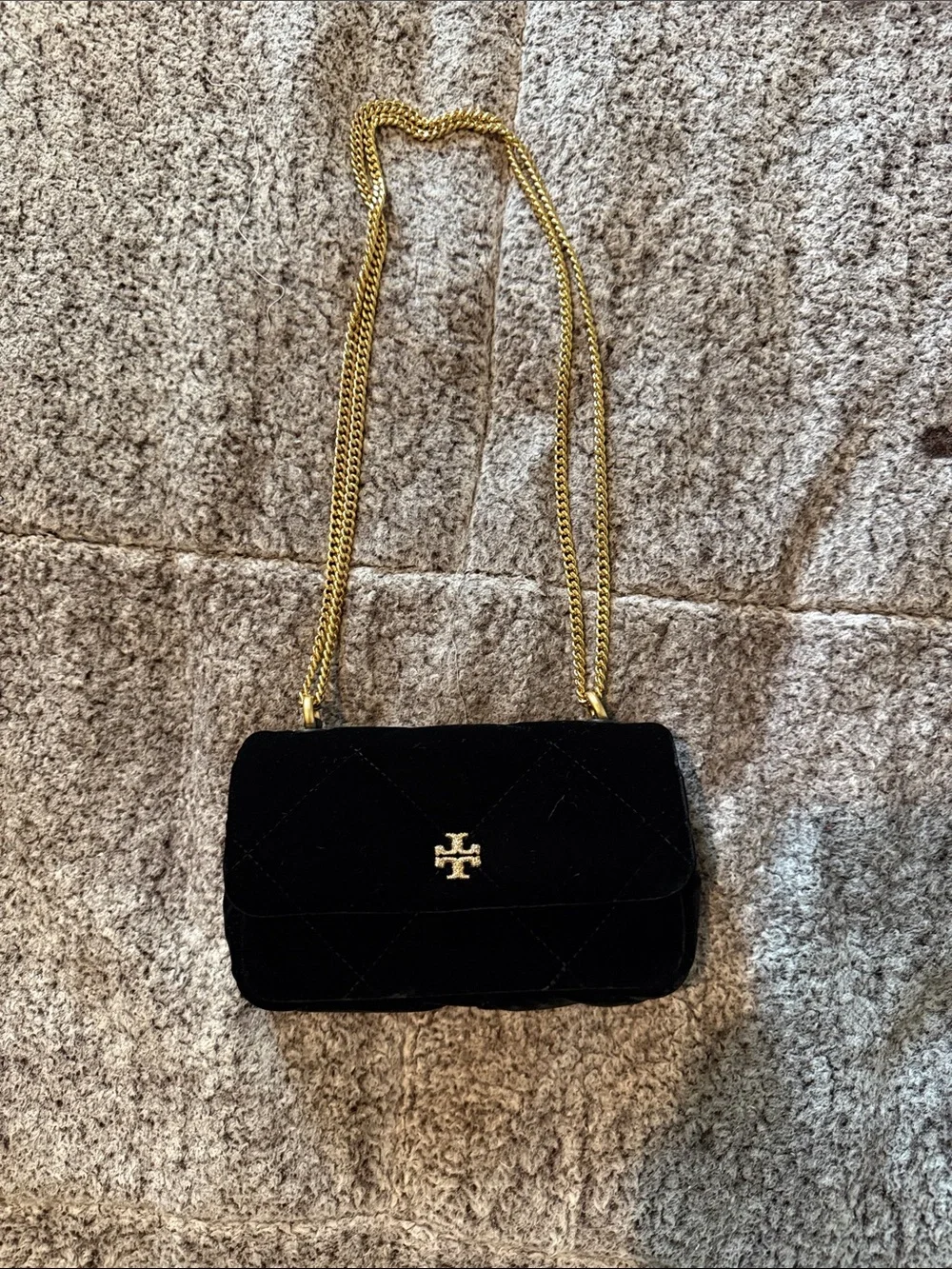 Tory Burch Black Velvet Quilted Crossbody with Gold Chain